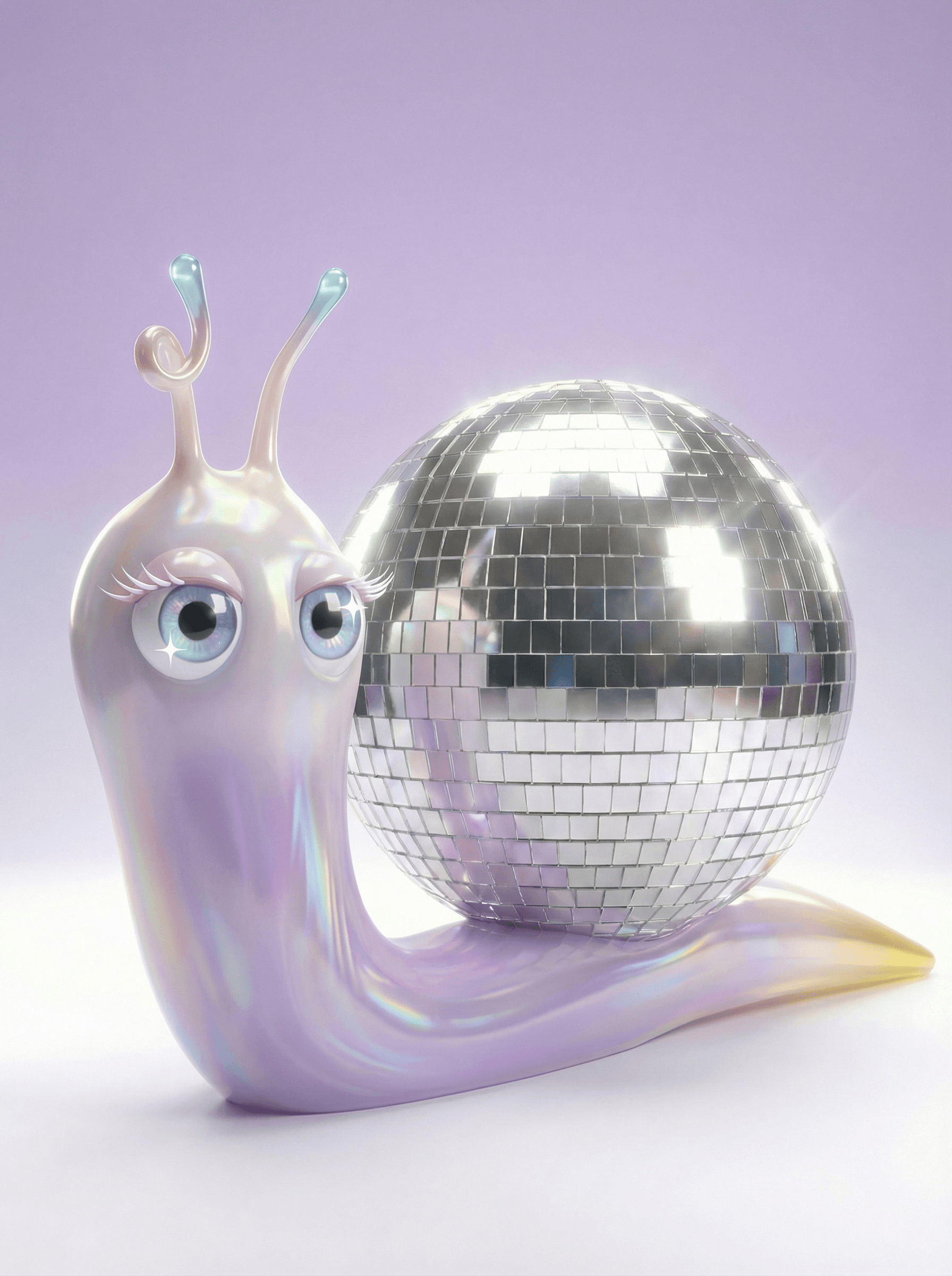Jim the lavender snail with a mirrored disco-ball shell