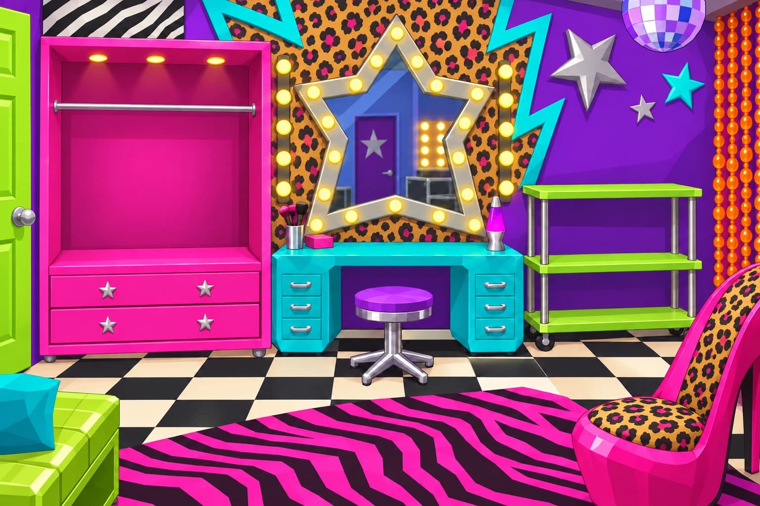 A colorful Y2K game dressing room with a lime-green door, hot-pink wardrobe, teal vanity, leopard and zebra prints, orange bead curtains, and a high-heel chair
